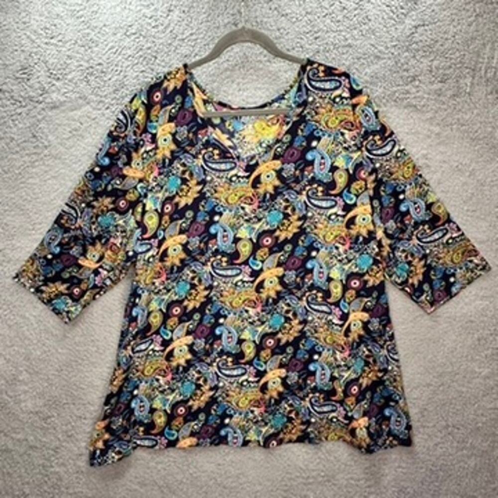 Ulla Popken Women's Size 28/30 Colorful Paisley Top V-Neck 3/4 Sleeves Comfort